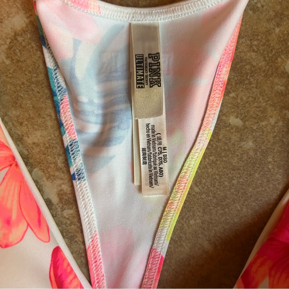 PINK Victoria’s Secret White Tropical Floral Print Twist Sports Bra Gym to Swim - Picture 2 of 4